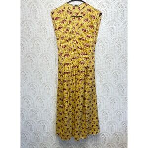 Zara Midi Dress Women XS Yellow Abstract Print Pleated V-Neck Sleeveless